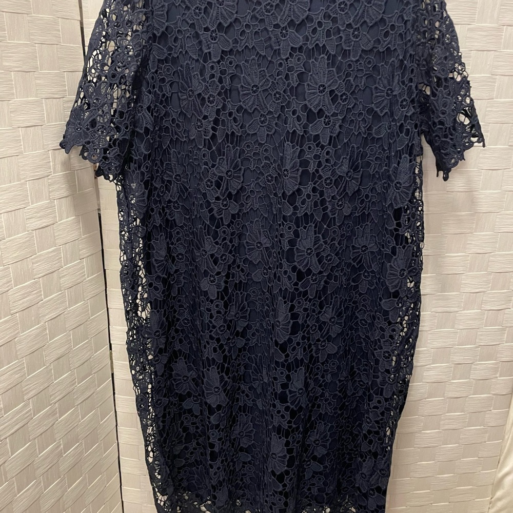 Nina Leonard Blue Sheath Dress Short Sleeve Crew Neck